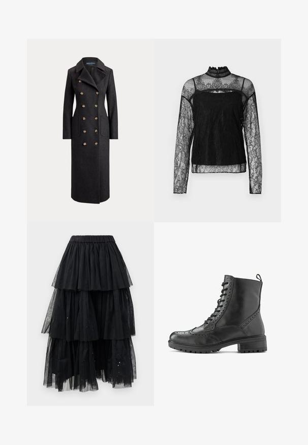Abrigo largo de lana gris oscuro de doble botonadura con solapas anchas, seis botones dorados, mangas largas y bolsillos de parche delanteros.; Top de encaje negro de manga larga con cuello alto, patrón floral intrincado, tejido transparente y panel sólido en la zona del pecho.; Falda de tul negro en capas con cinturilla elástica y un diseño en cascada con longitudes variables y sutiles toques de purpurina.; Bota de cuero negro para tobillo con detalles brogue, diseño con cordones, suela resistente y una lengüeta en el talón para facilitar su uso.