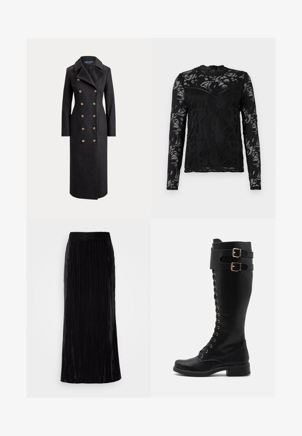 Long manteau en laine gris foncé à double boutonnage avec larges revers, six boutons dorés, manches longues et poches plaquées sur le devant.; Top noir à manches longues en dentelle, présentant un motif floral, un col haut et une silhouette ajustée avec des détails texturés.; Jupe maxi en velours noir avec des plis verticaux et une ceinture en dentelle sculptée. Le tissu a une apparence douce et texturée.; Bottes en cuir noires montantes avec des accents en métal doré, présentant un laçage à l'avant, deux courroies à boucle et un talon carré.