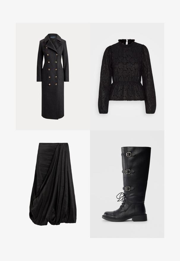 Lange donkergrijze double-breasted wollen jas met brede revers, zes gouden knopen, lange mouwen en steekzakken aan de voorkant.; Pieces PCJANESSA - Longsleeve - black; Zwarte gedrapeerde rok van een gladde stof, met ingewikkelde vouwen en een vloeiende silhouet met een geraffineerde taille-detail.; Zwarte leren kniehoog laars met vetersluiting aan de voorkant, drie gespsaccenten, ronde neus en lage blokhak. Veilige textuur met een matte afwerking.