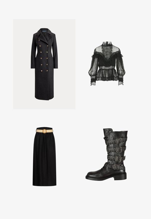 Abrigo largo de lana gris oscuro de doble botonadura con solapas anchas, seis botones dorados, mangas largas y bolsillos de parche delanteros.; Luisa Spagnoli Lauco- Blouse - Fashion Show - Blusa - nero; Falda midi negra hecha de una tela suave, con una cinturilla elástica y un cinturón tejido beige con una hebilla circular.; Bota de cuero negro hasta la rodilla con múltiples hebillas y ojetes plateados, con punta redonda y un tacón bajo en bloque. Acabado texturizado.