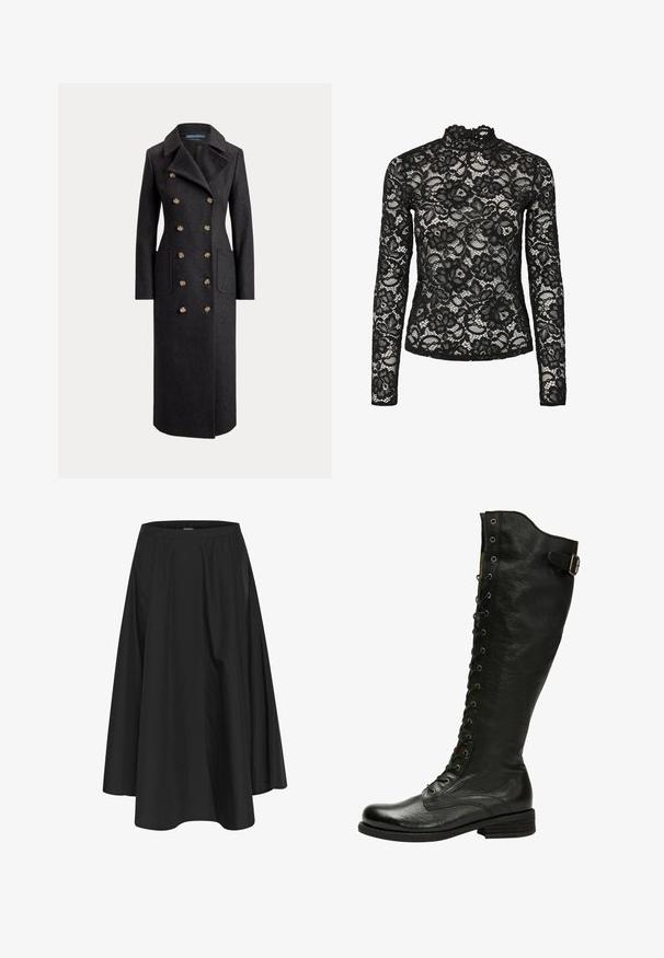 Abrigo largo de lana gris oscuro de doble botonadura con solapas anchas, seis botones dorados, mangas largas y bolsillos de parche delanteros.; Top de encaje negro de manga larga con cuello alto y ribete con volantes, patrones florales y una textura transparente. Diseñado para un ajuste ceñido.; Falda negra hasta la rodilla con cintura elástica, con pliegues para dar volumen y una textura suave. Diseño simple y clásico sin adornos.; Bota de cuero negro hasta la rodilla con cordones en el frente, ojales de plata y hebilla lateral. Presenta un acabado texturizado y tacón apilado.