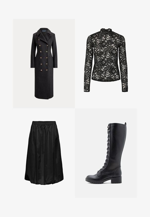 Long manteau en laine gris foncé à double boutonnage avec larges revers, six boutons dorés, manches longues et poches plaquées sur le devant.; Haut en dentelle noire à manches longues avec col haut agrémenté d'une bordure à volants, motifs floraux et texture transparente. Conçu pour un ajustement près du corps.; Jupe noire en tissu léger. Taille élastique avec texture froncée, longueur genoux, surface lisse, sans motifs ni accents supplémentaires.; Bottes en cuir noir montantes jusqu'au genou, avec une pointe arrondie, un laçage à l'avant, des œillets en métal et un talon épais. Fini texturé avec une apparence lisse.
