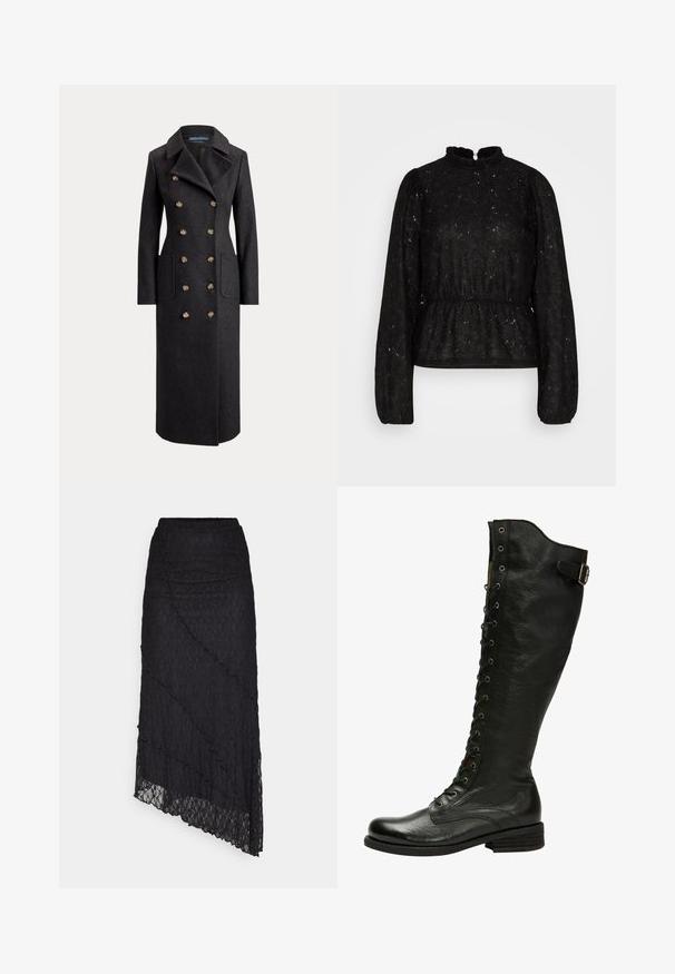 Lange donkergrijze double-breasted wollen jas met brede revers, zes gouden knopen, lange mouwen en steekzakken aan de voorkant.; PIECES Tall PCJANESSA - Longsleeve - black; ONLY ONLKIM SLIT - Maxirok - black; Zwarte leren kniehoog laars met vetersluiting aan de voorkant, zilveren oogjes en een bucklet aan de zijkant. Heeft een gestructureerde afwerking en een gestapelde hak.