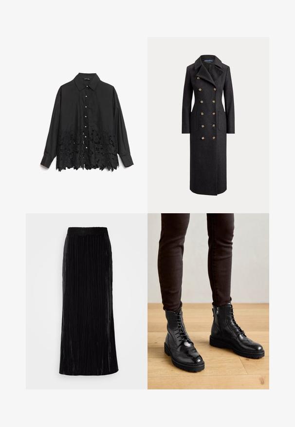 Abrigo largo de lana gris oscuro de doble botonadura con solapas anchas, seis botones dorados, mangas largas y bolsillos de parche delanteros.; Camisa negra de botones con la parte superior lisa y un dobladillo de encaje con patrones florales. El cuello es estructurado, con botones de aspecto perlado en la parte delantera.; Falda larga de terciopelo negro con pliegues verticales y una pretina de encaje en forma de concha. La tela tiene un aspecto suave y texturizado.; Botas negras de cuero hasta el tobillo con detalles de brogue, cordones en la parte delantera, cremalleras laterales y suelas de goma texturizadas. Combinadas con pantalones oscuros de corte slim.
