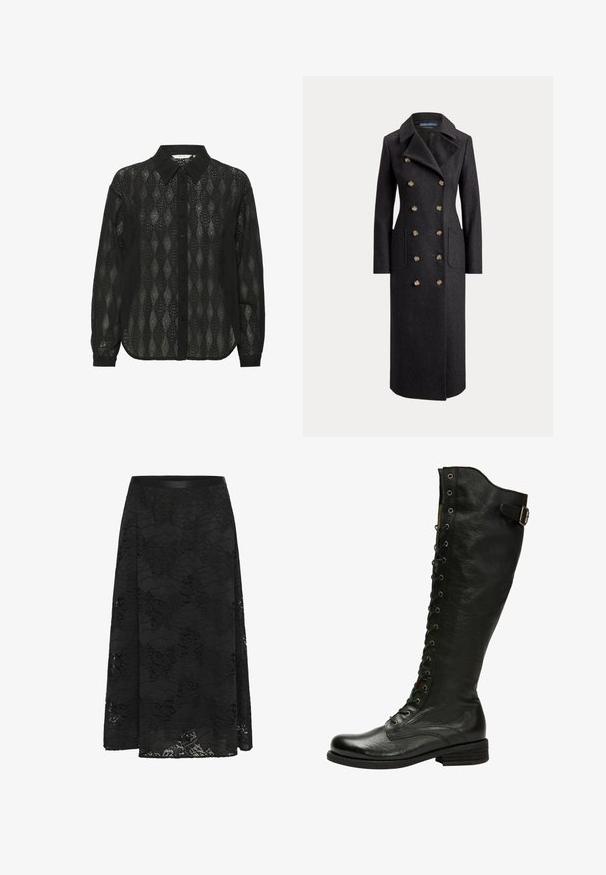 Abrigo largo de lana gris oscuro de doble botonadura con solapas anchas, seis botones dorados, mangas largas y bolsillos de parche delanteros.; Camisa negra de botones hecha de tela transparente, con un patrón de diamantes y un cuello puntiagudo. Mangas largas con puños abotonados.; Falda de encaje negro con un diseño acampanado. Presenta un patrón floral, una superficie texturizada y una cinturilla ajustada. La longitud llega hasta la mitad de la pantorrilla.; Bota de cuero negro hasta la rodilla con cordones en el frente, ojales de plata y hebilla lateral. Presenta un acabado texturizado y tacón apilado.