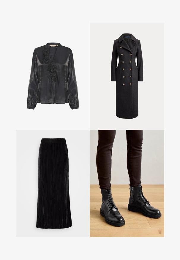 Lange donkergrijze double-breasted wollen jas met brede revers, zes gouden knopen, lange mouwen en steekzakken aan de voorkant.; Culture CUFIOLA - Blouse - black; Zwarte fluwelen maxirok met verticale plooien en een golvende kant tailleband. De stof heeft een zachte, gestructureerde uitstraling.; Zwarte leren enkellaarsjes met brogue-details, een vetersluiting aan de voorkant, ritsen aan de zijkant en gestructureerde rubberen zolen. Gecombineerd met donkere slim-fit broek.