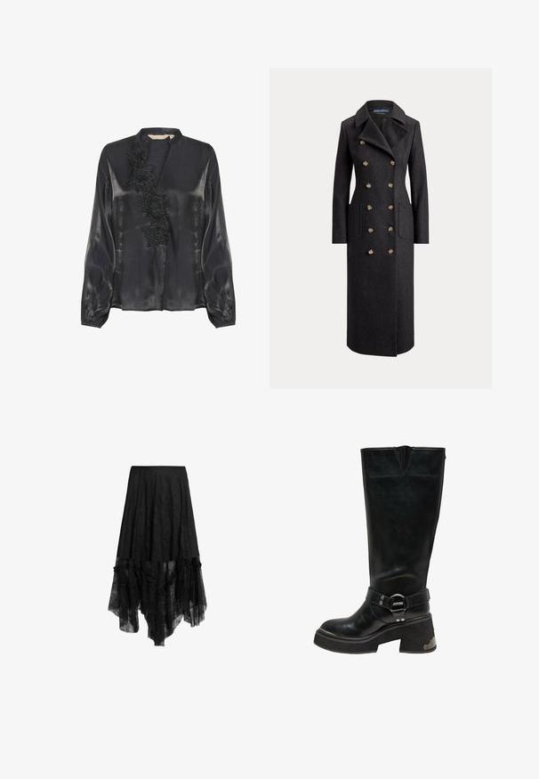 Long manteau en laine gris foncé à double boutonnage avec larges revers, six boutons dorés, manches longues et poches plaquées sur le devant.; Culture CUFIOLA - Blouse - black; Jupe noire asymétrique avec superposition de dentelle transparente et ourlet à volants, équipée d'une ceinture ajustée et de détails texturés sur le tissu.; Botte en cuir noire montante jusqu'au genou avec talon bloc épais, détail d'anneau argenté sur la sangle de cheville et accent métallique sur le côté du talon.