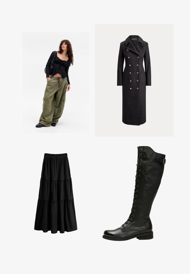 Long manteau en laine gris foncé à double boutonnage avec larges revers, six boutons dorés, manches longues et poches plaquées sur le devant.; Jeune femme aux cheveux bouclés portant un haut en dentelle noire, des colliers superposés, un pantalon cargo olive surdimensionné, des chaussures noires et portant un sac à bandoulière noir.; Jupe maxi noire à volants avec taille élastique, tissu léger et coutures froncées créant une silhouette fluide.; Botte en cuir noir hauteur genou avec un laçage à l'avant, œillets en métal argenté et boucle sur le côté. Présente une finition texturée et un talon empilé.