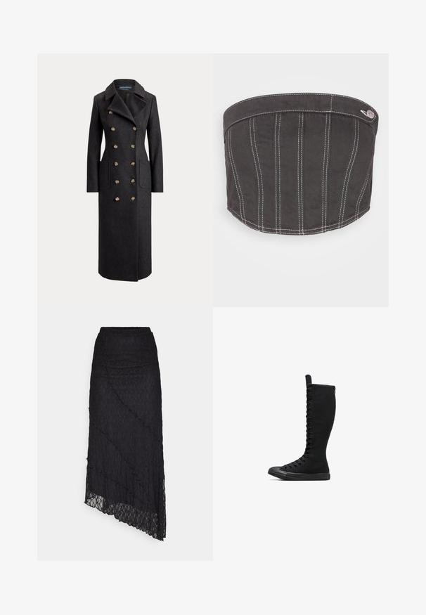 Lang mørkegrå dobbeltradet uldfrakke med brede revers, seks gyldne knapper, lange ærmer og forlommer med klap.; NA-KD CONTRAST STITCHING CORSET - Top - dark grey; ONLY ONLKIM SLIT - Maxinederdele - black; Sorte høje canvasstøvler med rund tå, lynlås og snørebånd foran. Har en tekstureret overflade og gummisål.