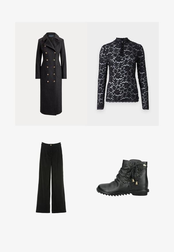 Abrigo largo de lana gris oscuro de doble botonadura con solapas anchas, seis botones dorados, mangas largas y bolsillos de parche delanteros.; Rosemunde Camiseta de manga larga - black; Pantalones de pana anchos negros con pliegues, que cuentan con un cierre de botón dorado y una superficie texturizada. No hay bolsillos visibles.; Botín de cuero negro texturizado con ojales con forma de flor, cordones atados con puntas de metal y una suela ligeramente estriada.