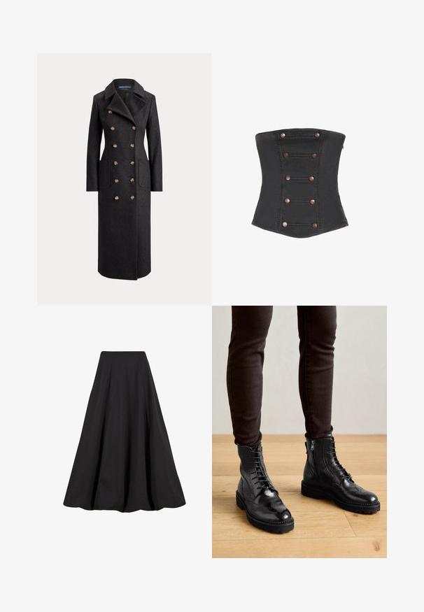 Long manteau en laine gris foncé à double boutonnage avec larges revers, six boutons dorés, manches longues et poches plaquées sur le devant.; Corset noir sans bretelles avec six paires de boutons décoratifs en cuivre disposés verticalement à l'avant.; Jupe longue noire en tissu lisse, présentant des plis et une taille haute. Le design offre une silhouette fluide et un volume ample.; Bottines en cuir noir avec des détails de brogue, un laçage à l'avant, des fermetures éclair sur les côtés et des semelles en caoutchouc texturé. Associées à un pantalon slim noir.