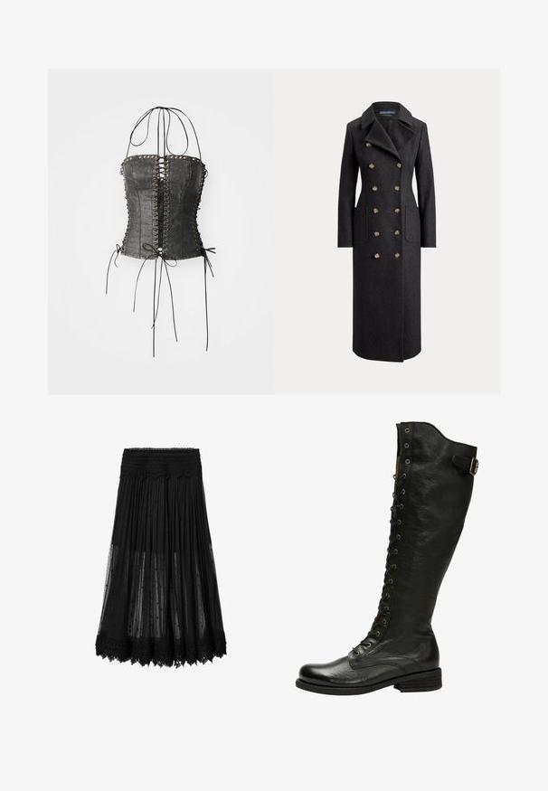 Lang mørkegrå dobbeltradet uldfrakke med brede revers, seks gyldne knapper, lange ærmer og forlommer med klap.; Jaded London LONGLINE LACE UP HALTER CORSET - Top - black; Sort midi nederdel med gennemsigtigt plisseret stof, broderet blomsterblonderkant og bredt blondebånd i taljen.; Sorte læder knæhøje støvler med snørebånd foran, sølvøjer og sidebælte. Har en tekstureret overflade og stablet hæl.