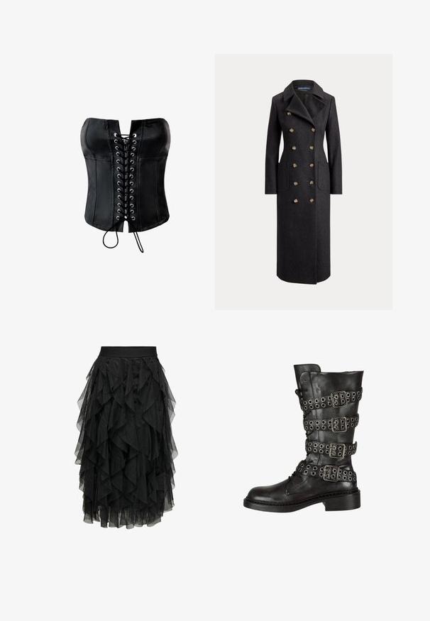 Long manteau en laine gris foncé à double boutonnage avec larges revers, six boutons dorés, manches longues et poches plaquées sur le devant.; Corset en satin noir avec une forme structurée, devant lacé avec des œillets argentés et une finition lisse. Dispose d'un décolleté droit sans bretelles.; Jupe noire en tulle superposé avec un design à volants. Elle dispose d'une taille élastique. Le tissu transparent ajoute de la texture et du mouvement.; Botte en cuir noir jusqu'au genou avec plusieurs boucles en argent et œillets, présentant un bout rond et un petit talon en bloc. Fini texturé.