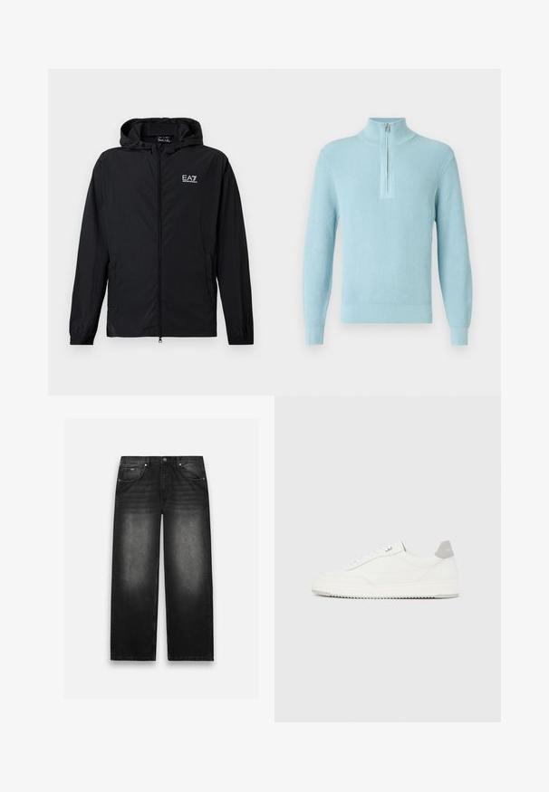 Čierna mikina na zips s kapucňou, elastickými manžetami a logom EA7 Emporio Armani na hrudi, zobrazená na bielom pozadí.; Svetlomodrý rebrovaný sveter s vysokým golierom, zapínaním na polovičný zips, dlhými rukávmi a priliehavým lemom, vyrobený z mäkkej, textúrovanej látky.; Čierne džíny z denimu s širokým strihom. Obsahujú päť vreciek, jemné blednutie a pevné švy. Zapínanie na gombík a zips.; Biela nízka teniska so sivým pätovým pásikom, bielymi šnúrkami a členitou podrážkou, zobrazená na jednoduchom svetlom pozadí.