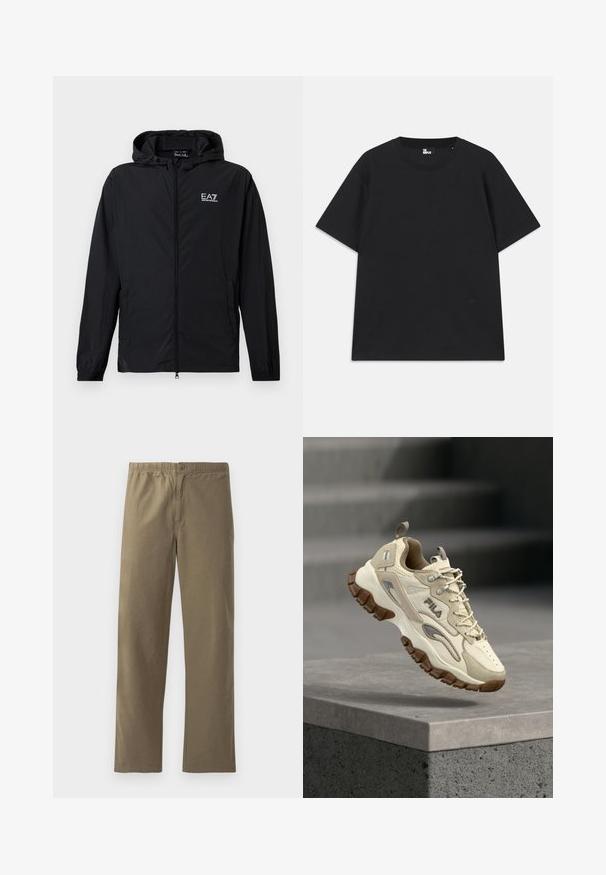 Sort hættejakke med lynlås, elastiske manchetter og EA7 Emporio Armani-logo på brystet, vist på en hvid baggrund.; Sort kortærmet t-shirt lavet af bomuld, med rund halsudskæring og en lille logo detalje nær kanten. Glat tekstur, normal pasform.; Khaki bukser lavet af letvægtsmateriale. Har en elastisk talje, knaplukning, lige ben og en glat overflade.; Beige atletiksko med tekstureret mesh og læderdetaljer, med en tyk brun gummisål og et mærkelogo på siden.