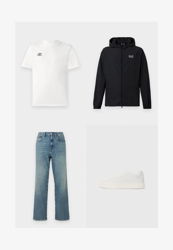 Chaqueta negra con capucha y cremallera, puños elásticos y logotipo EA7 Emporio Armani en el pecho, exhibida sobre un fondo blanco.; Camiseta blanca de manga corta con el logo negro de Umbro en el lado izquierdo del pecho, cuello redondo, diseño liso, presentada sobre un fondo claro.; Vaqueros azules de talle alto con corte de pierna recta, cierre frontal con botones, trabillas para cinturón y diseño de cinco bolsillos.; Zapatilla blanca con parte superior de sintético suave, punta redonda y suela blanca plana. Presenta costuras tonales y un branding minimalista en el costado.