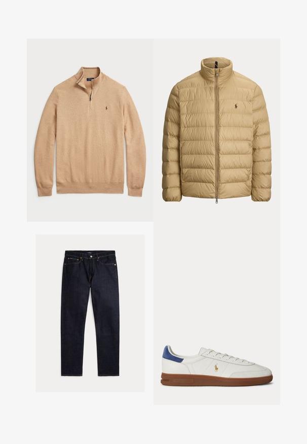 Beige quiltet dunjakke med ståkrave, fuld lynlås foran og lille broderet logo på venstre bryst.; Beige zip-hals sweater lavet af struktureret strikstof med ribbede manchetter og kant; har et lille logo på brystet.; Mørk indigoblå jeans med lige ben, fem lommer, knap- og lynlås lukning samt kontrastfulde orange syninger på en ensfarvet baggrund.; Hvid lavtop sneaker med brun sål, blå hælkappe, snørebånd og gyldent Polo Ralph Lauren logo på siden.