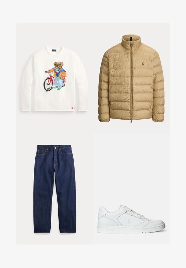 Beige gesteppte Steppjacke mit Stehkragen, durchgehendem Frontreißverschluss und kleinem gesticktem Logo auf der linken Brust.; Weißer Langarmpullover mit einem bunten Bären, der eine Sonnenbrille und legere Kleidung trägt und vorne mit einem roten Fahrrad steht.; Dunkelblaue Jeans aus Denim mit geraden Beinen, fünf Taschen, Knopfverschluss und sichtbaren Nähten.; Weißer Ledersneaker mit glatter Textur, ausgestattet mit einer perforierten Zehenpartie, Schnürverschluss und gesticktem Logo an der Seite. Weiße Gummisohle.