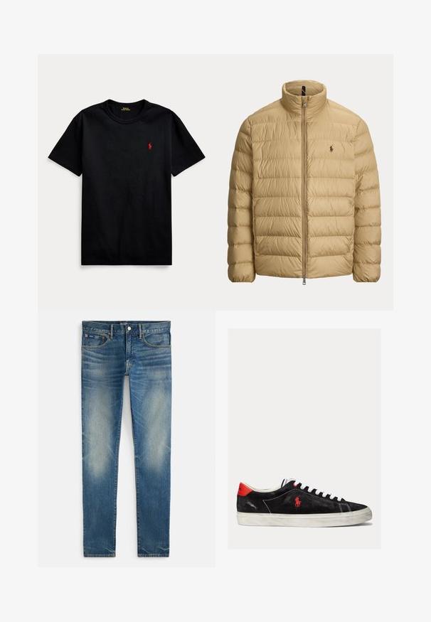 Beige quiltet dunjakke med ståkrave, fuld lynlås foran og lille broderet logo på venstre bryst.; Sort bomulds t-shirt med korte ærmer, rund halsudskæring, og lille rødt broderet logo på venstre bryst. Glat overflade, afslappet design.; Blå falmede smalle jeans med knappelukning og lynlås, forlommer og lille møntlomme, vist fladt på hvid baggrund.; Sorte ruskind sneakers med hvide snørebånd, røde accenter på hælen og et lille rødt logo. Har en flad gummisål og enkel syning.