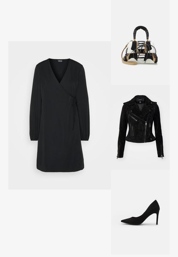 Mustast sametist mootorratturi jope, millel on sobiv disain, asümmeetrilised tõmblukud, nööbid ning tõmblukuga taskud. Sile tekstuur.; Pieces PCNESSA WRAP DRESS - Päevakleit - black; Mustmust musta kõrge kontsaga king, millel on terav nina, sile tekstuur ja õhuke stiletto konts. Klassikaline disain elegantselt voolujoonelisena.; Mitmevärviline käekott musta, valge ja beeži võrkkangaga. Omab tekstuuriga käepidet, rihma disaini ja eemaldatavat õlavarre rihma.