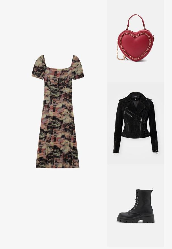 Zwarte suède motorjack met een aansluitend ontwerp, asymmetrische ritssluitingen, drukknoopjes en ritszakken. Soepele textuur.; Even&Odd by Zalando Jurk - black/multi-coloured; Zwarte veterankers met een chunky zool, een gladde textuur, zilverkleurige details en een treklus aan de achterkant voor gemakkelijk aan- en uittrekken.; Rood hartvormig handtasje gemaakt van glad leer met een gouden kettingaccent en een bovenhandvat, voorzien van een afneembare schouderriem.