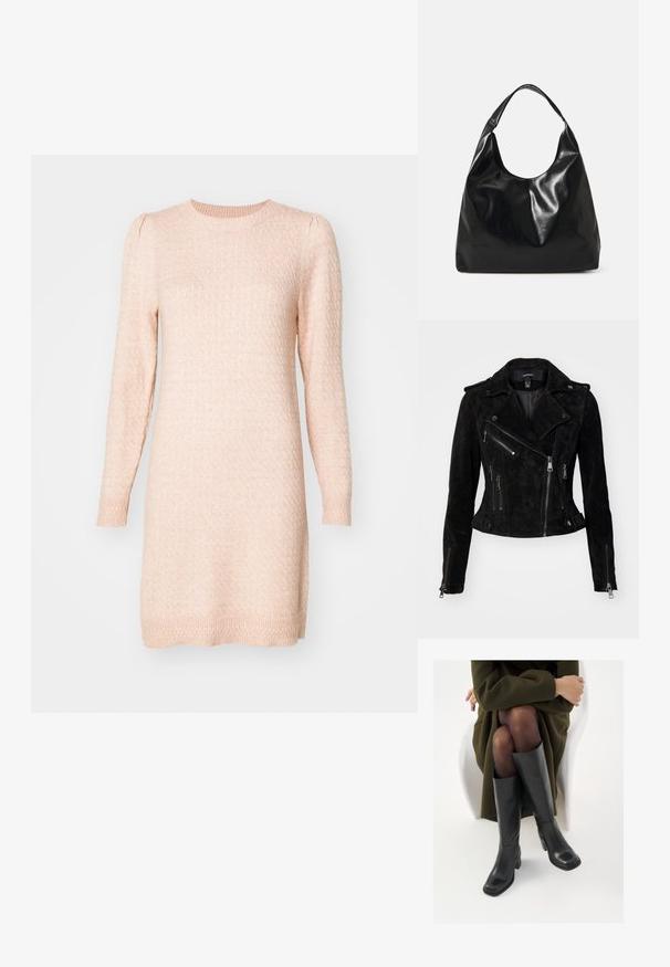 Sort ruskind motorcykeljakke med et tætsiddende design, asymmetrisk lynlåslukning, trykknapper og lynlåslommer. Glat tekstur.; Langærmet, rundhalset sweaterkjole i blød lyserød. Struktureret strik med subtile hævede mønstre, tætsiddende manchetter og lige silhuet.; Knæhøje sorte læder støvler med firkantet tå og blokhæl, vist med en model siddende i en olivengrøn frakke. Glat tekstur, minimal detaljer.; Sort læder hobo taske med en blød, skinnende tekstur og en rund, åben top. Har en bred, buet strop til bæring. Ingen synlig hardware.