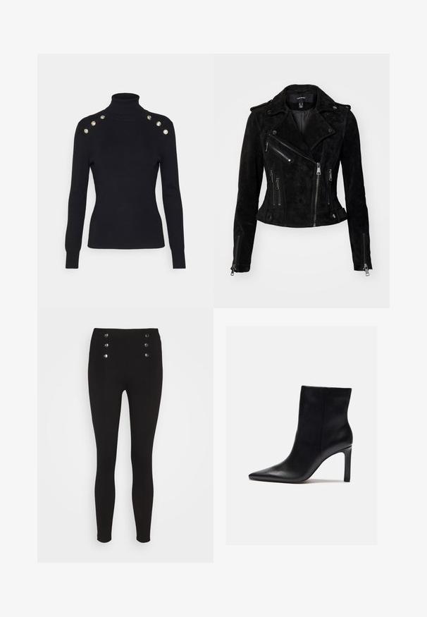 Chaqueta de motociclista de ante negro con un diseño ajustado, cierres de cremallera asimétricos, botones de presión y bolsillos con cremallera. Textura suave.; Morgan MIBO - Jersey de punto - noir; Leggings negros con cintura alta, que presentan cuatro botones metálicos en la parte frontal. Fabricados con material elástico, tienen un diseño ceñido y elegante.; Zign Botines de tacón - black
