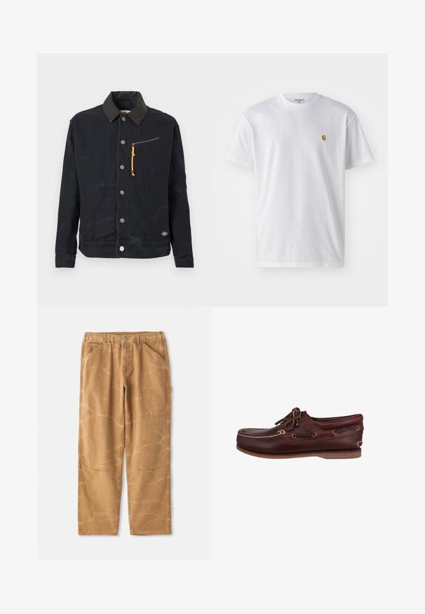 Chaqueta negra de botones con cuello de contraste oscuro, dos bolsillos frontales, un bolsillo en el pecho con cremallera y tirador amarillo, y un pequeño parche con logo.; Camiseta de algodón blanca con mangas cortas, cuello redondo, que presenta un pequeño logo dorado en la parte izquierda del pecho. Textura suave y corte regular.; Pantalones de algodón color beige con un corte holgado, que presentan costuras visibles, detalles de parches y una textura ligeramente arrugada.; Zapato de barco de cuero marrón con puntera redondeada, costuras en contraste, diseño con cordones y suela de goma para agarre. Logotipo de Timberland visible.