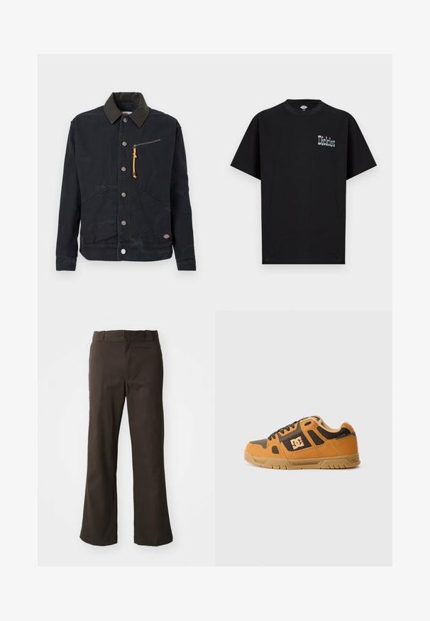 Sort knap-up jakke med mørk kontrastkrage, to forlommer, en lynlåslomme på brystet med gul trækkrog og et lille logo-patch.; Sort kortærmet T-shirt lavet af bomuld med et frontgrafisk logo "Dickies" i en kontrasterende lys farve. Standard rund hals design.; Brune, flagrende bukser med en glat tekstur, der har en frontlukning med knap og lommer på siderne. Simpel og lige design.; Orange og brune skate-sko med gummisål, mesh-paneler og perforerede detaljer. Har sorte snører og et fremtrædende logo på siden.