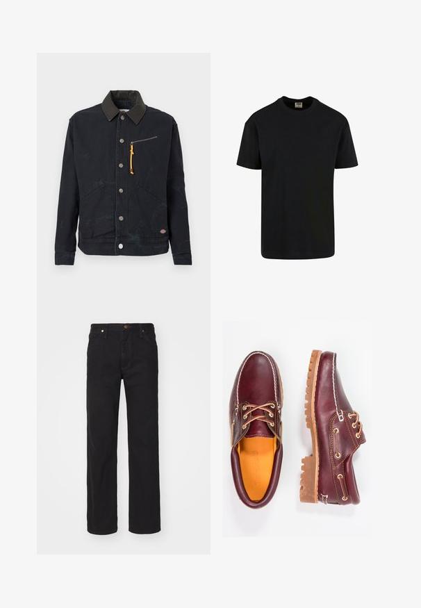 Zwarte button-up jas met een donkere contrasterende kraag, twee voorzakken, een ritszak op de borst met een gele trekstrip en een klein logo patch.; Urban Classics SHORTSLEEVE - T-shirt basic - black; Zwarte rechte spijkerbroek met voorzakken, riemlussen en een knoopsluiting op een effen achtergrond.; Bordeaux leren schoenen met bruine rubberen zolen, ronde neus, witte stiksels en gouden veterogen. Het interieur heeft een gele voering.