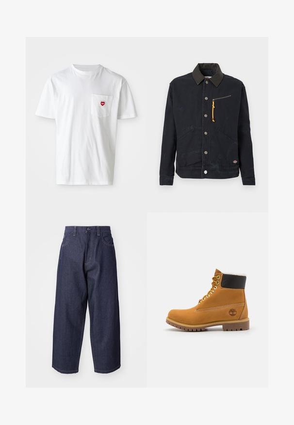 Zwarte button-up jas met een donkere contrasterende kraag, twee voorzakken, een ritszak op de borst met een gele trekstrip en een klein logo patch.; Witte katoenen T-shirt met een ronde hals en korte mouwen. Bevat een klein rood hartlogo op de linkerkant van de borstzak.; Donkerblauwe denim jeans met een losse, wijde pasvorm. Kenmerken zijn een knoopsluiting, steekzakken aan de voorkant en zichtbare stiksels.; Bruine leren enkellaars met metalen oogjes, witte faux bont voering, zwarte gewatteerde kraag, robuuste zool en een reliëflogo aan de zijkant.