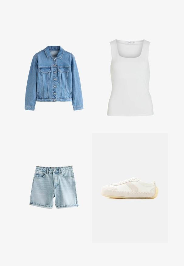 Lyseblå denimjakke med metalknapper foran, brystlommer med klapper, krave og lange ærmer, lagt fladt på hvid baggrund.; Hvid ærmeløs tanktop med firkantet udskæring, glat tekstur og tætsiddende design. Fremstillet af letvægtsmateriale.; Lyseblå denim shorts med rå kant, fem lommer og knaplukning. Stoffet har en let slidt tekstur.; Hvid lav-toppet sneaker med syninger, ruskindsdetaljer, snørelukning og beige gummisål på en ensfarvet baggrund.