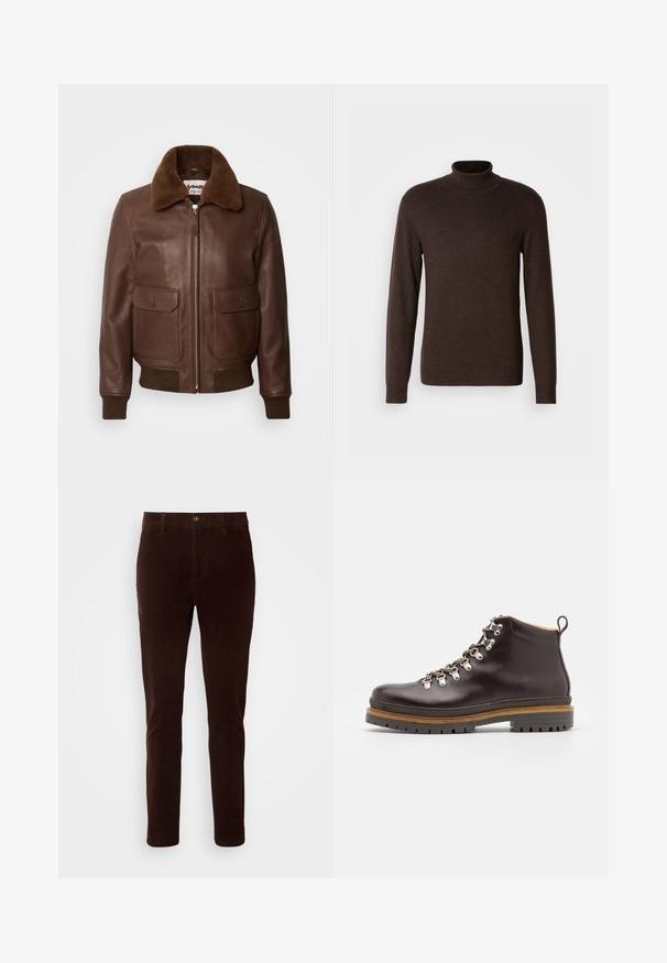 Schott Bomberjacks - brown; Bruine coltrui van zacht materiaal, met lange mouwen en een ribgebreide kraag. Glad oppervlak met een aansluitend ontwerp.; Bruine corduroy broek met een rechte pasvorm, voorzien van een standaard tailleband, knoopsluiting en subtiele verticale ribbelstructuur.; Zign by Zalando LEATHER - Veterboots - brown