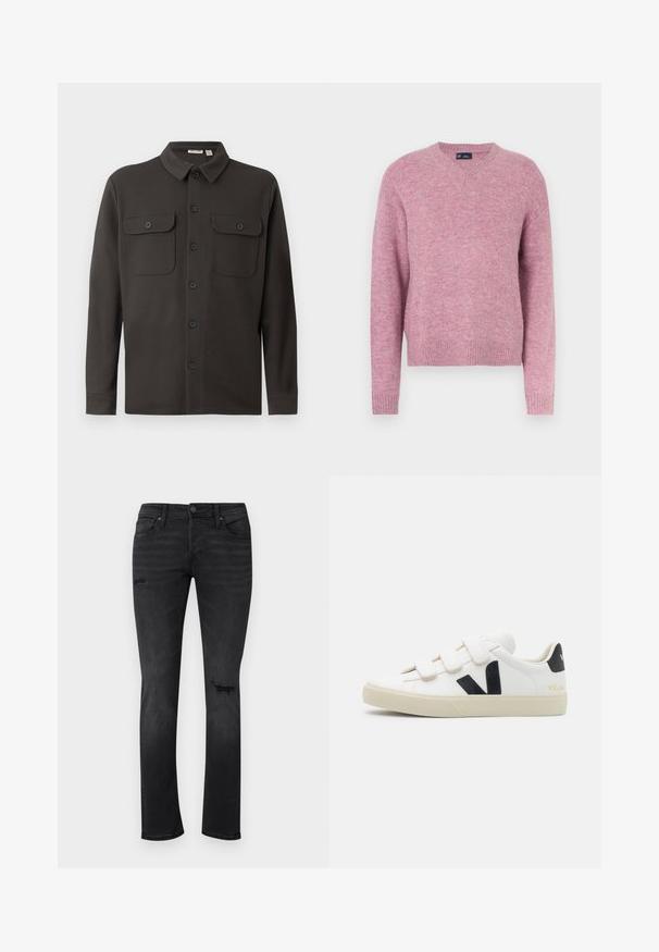 Mørkegrå skjorte med knaplukning lavet af blødt stof, der har en krave, to brystlommer og lange ærmer med knapmanchetter.; Pink strikket sweater med rund halsudskæring, lange ærmer og ribbestrikkede ærmekanter. Blød tekstur og afslappet pasform, velegnet til afslappet brug.; Sorte denimjeans med slim fit, med synlige slidte områder ved knæene, fem lommer og en standard knap- og lynlåslukning.; Hvide sneakers med sorte accenter og Velcro-stropper. Har en struktureret læderoverdel, en cremet gummisål og et logo på hælen.