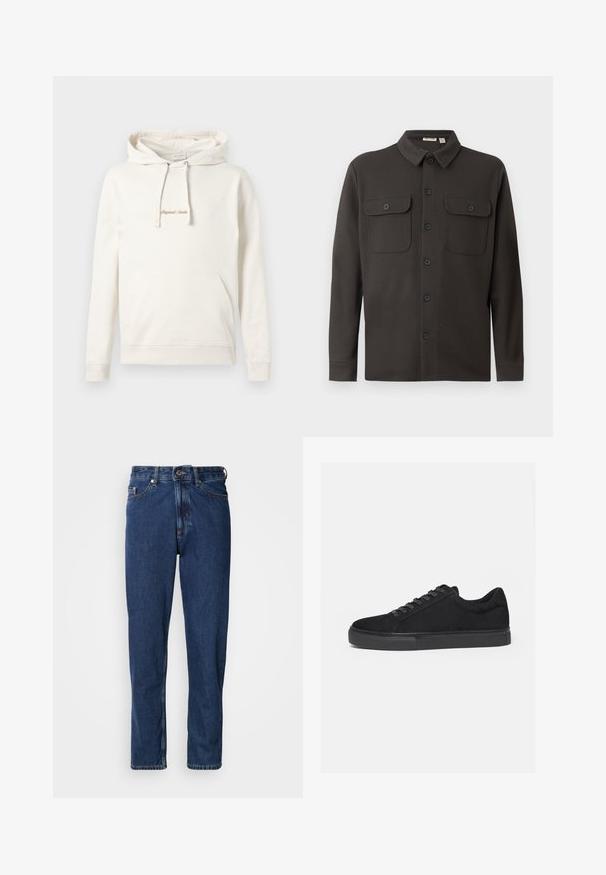 Donkergrijs overhemd met knopen, gemaakt van zachte stof, met een kraag, twee borstzakken en lange mouwen met knoopmanchetten.; Beige hoodie gemaakt van katoen, met een kangoeroezak, een capuchon met trekkoord en geborduurde "Originals" tekst op de borst.; Donkerblauwe spijkerbroek gemaakt van denim, met een rechte pijp, vijfzakkenontwerp en zichtbare stiksels langs de naden.; Zwarte lage sneaker met veterluiting aan de voorkant en platte rubberen zool, zijaanzicht op een witte achtergrond.