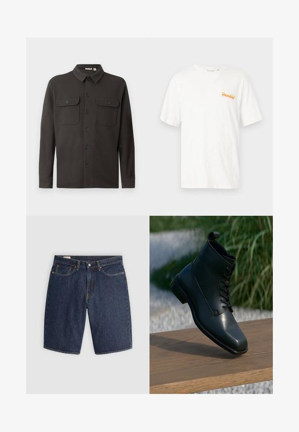 Donkergrijs overhemd met knopen, gemaakt van zachte stof, met een kraag, twee borstzakken en lange mouwen met knoopmanchetten.; Witte katoenen T-shirt met korte mouwen en een ronde hals. Voorzien van oranje en gele tekst "Paradiso" aan de linkerbovenkant. Gladde textuur.; Donkerblauwe denim shorts met een klassiek ontwerp, voorzien van vijf zakken, gestikte naden, een knoopsluiting en gebogen achterzakken.; Zwarte leren enkellaars met een gladde afwerking, ronde neus en vetersluiting. Voorzien van een aantrekstrip aan de achterkant en een houten platform.