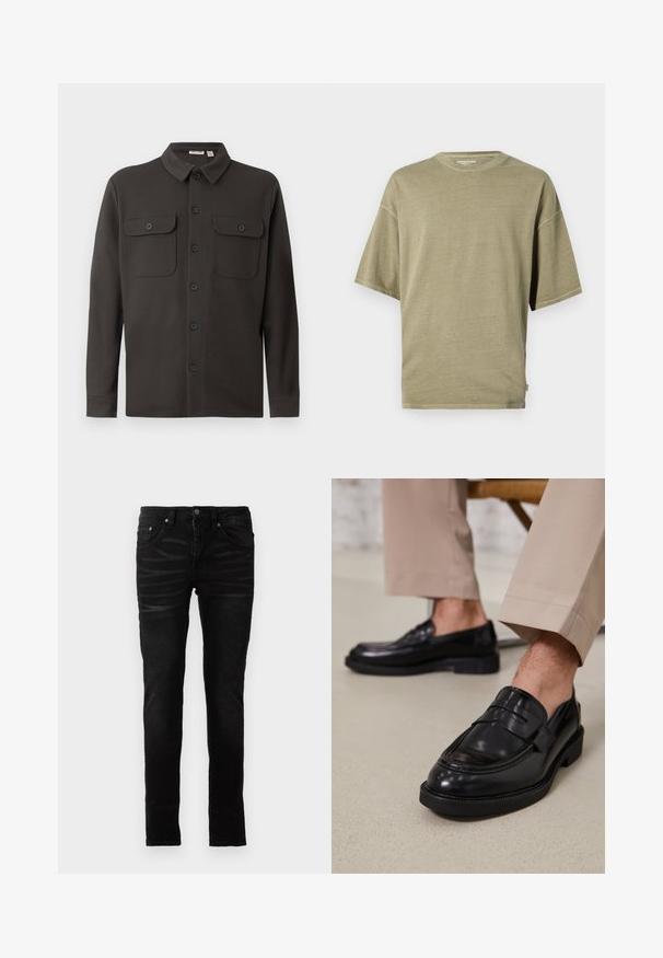 Mørkegrå skjorte med knaplukning lavet af blødt stof, der har en krave, to brystlommer og lange ærmer med knapmanchetter.; Oliven grøn kortærmet t-shirt lavet af blødt stof, med rund hals og en afslappet pasform med syede kanter.; Sorte skinny jeans med en glat denimoverflade, traditionelt fem-lommer design, lynlåsfront og subtile falmede detaljer på stoffet.; Sorte lædermokkasiner med en glat overflade, der har en dekorativ rem og kontraststing, parret med beige bukser.