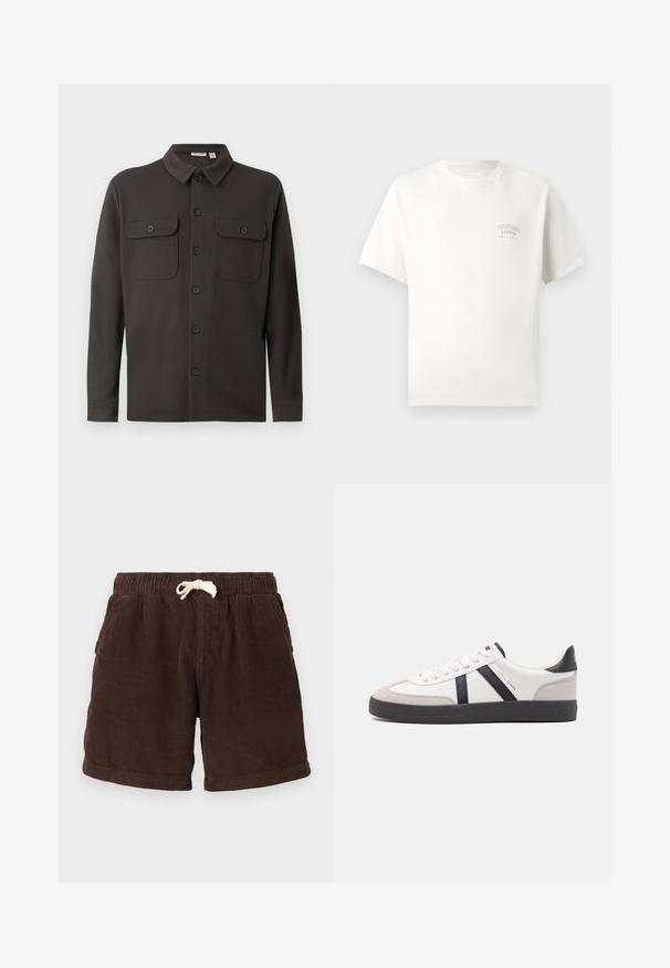 Chemise boutonnée gris foncé en tissu doux, dotée d'un col, de deux poches poitrine et de manches longues avec des poignets boutonnés.; T-shirt blanc à manches courtes avec un petit texte "Originals Studio Urban Aesthetic" imprimé sur la poitrine gauche.; Shorts en velours côtelé brun avec une taille élastique, une fermeture à cordon de serrage et des poches latérales. Le tissu présente un motif côtelé vertical et une finition texturée.; Baskets blanches avec des accents noirs et gris, présentant un embout texturé gris, une semelle en caoutchouc noir et des lacets plats blancs. Design épuré, style minimaliste.