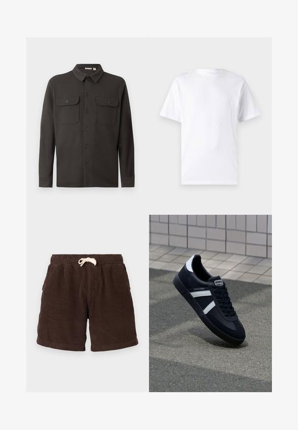 Mørkegrå skjorte med knaplukning lavet af blødt stof, der har en krave, to brystlommer og lange ærmer med knapmanchetter.; Hvid kortærmet t-shirt lavet af bomuld med rund hals, der har en glat tekstur og et simpelt design uden mønstre eller accenter.; Brune kordfløjsshorts med elastisk talje, snorlukning og sidelommer. Stoffet har vertikale ribber og en tekstureret overflade.; Sort lædersneaker med hvide striber, tekstureret gummisål og snørrebånd foran. Har et brandet mærke på tungen.