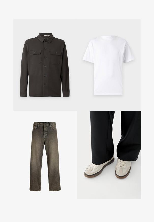 Dunkelgrauhemden aus weichem Stoff, mit Kragen, zwei Brusttaschen und langen Ärmeln mit geknöpften Manschetten.; Weißes kurzärmeliges T-Shirt aus Baumwolle mit Rundhalsausschnitt, das eine glatte Textur und ein einfaches Design ohne Muster oder Akzente aufweist.; Dunkelgraue weit geschnittene Jeans mit einem verwaschenen Finish, Fünf-Taschen-Design, Knopfverschluss und Gürtelschlaufen. Hergestellt aus strapazierfähigem Denim-Stoff.; Füße mit beigen Sneakers mit braunen Sohlen und schwarzen Hosen mit weitem Bein auf weißem Hintergrund.