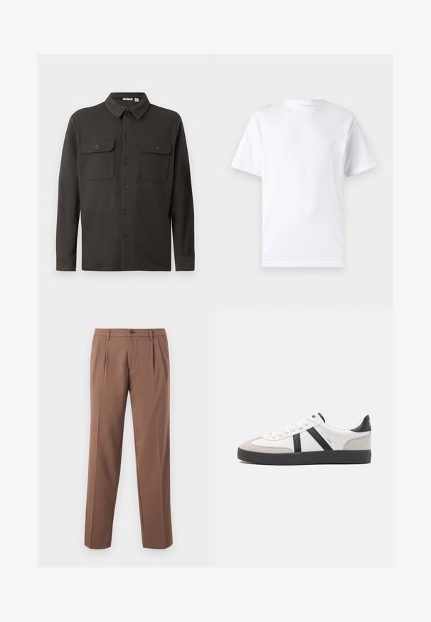 Chemise boutonnée gris foncé en tissu doux, dotée d'un col, de deux poches poitrine et de manches longues avec des poignets boutonnés.; T-shirt blanc à manches courtes en coton avec un col rond, présentant une texture lisse et un design simple, sans motifs ni accents.; Pantalons plissés marron avec une coupe droite, dotés d'une fermeture à un bouton et d'un tissu lisse et texturé.; Baskets blanches avec des accents noirs et gris, présentant un embout texturé gris, une semelle en caoutchouc noir et des lacets plats blancs. Design épuré, style minimaliste.