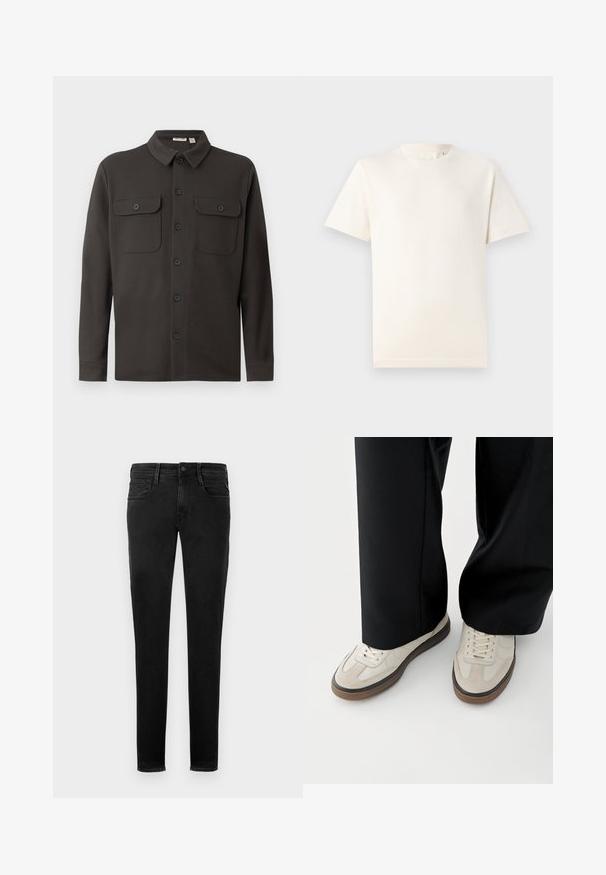 Dunkelgrauhemden aus weichem Stoff, mit Kragen, zwei Brusttaschen und langen Ärmeln mit geknöpften Manschetten.; TOM TAILOR BASIC CREW NECK - T-Shirt basic - smooth light sand; Schwarze Denim-Jeans, Slim-Fit, Fünf-Taschen-Design, sichtbare Nähte, Frontknopfverschluss und minimalistisches Branding-Detail an der Hintertasche.; Füße mit beigen Sneakers mit braunen Sohlen und schwarzen Hosen mit weitem Bein auf weißem Hintergrund.