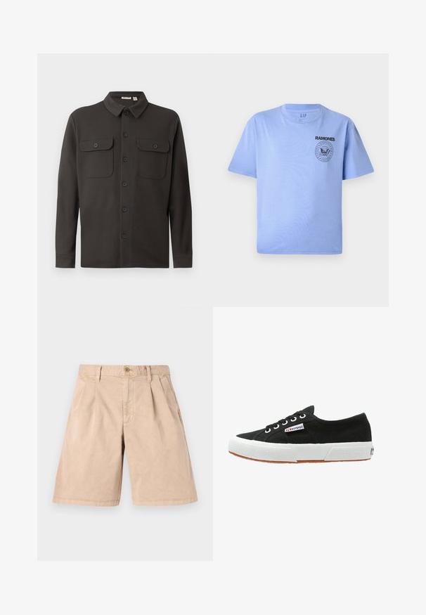 Mørkegrå skjorte med knaplukning lavet af blødt stof, der har en krave, to brystlommer og lange ærmer med knapmanchetter.; Lys blå bomulds t-shirt med korte ærmer, rund hals og sort "Ramones" logo tryk på venstre brystområde. Glat tekstur.; Beige shorts lavet af bomuld, med en lige pasform, plisseret front, sidelommer og en enkelt knaplukning i taljen.; Sort lærredssneaker med hvid gummisål og brunt gummiydersål. Har rund tå, snørebåndsdesign og lille logoetiket på siden.