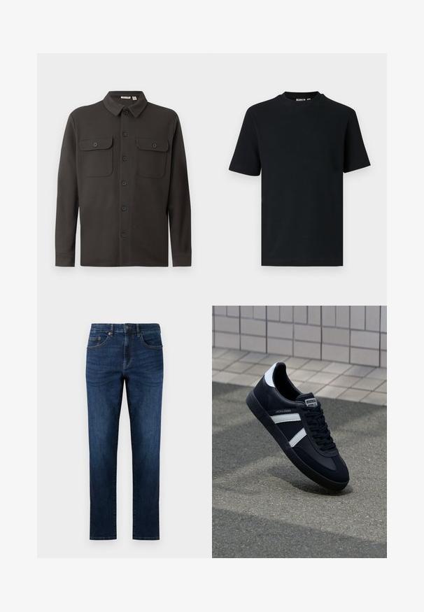 Donkergrijs overhemd met knopen, gemaakt van zachte stof, met een kraag, twee borstzakken en lange mouwen met knoopmanchetten.; Zwart, geribd, gebreid T-shirt met korte mouwen en ronde hals, met een klein zichtbaar label aan de binnenkant van de kraag.; Donkerblauwe denim jeans met een rechte pijpdesign, voorzien van vijf zakken, gestikte details en een klassieke knoopsluiting.; Zwarte leren sneaker met witte strepen, een gestructureerde rubberen zool en vetersluiting aan de voorkant. Voorzien van een merklabel op de tong.