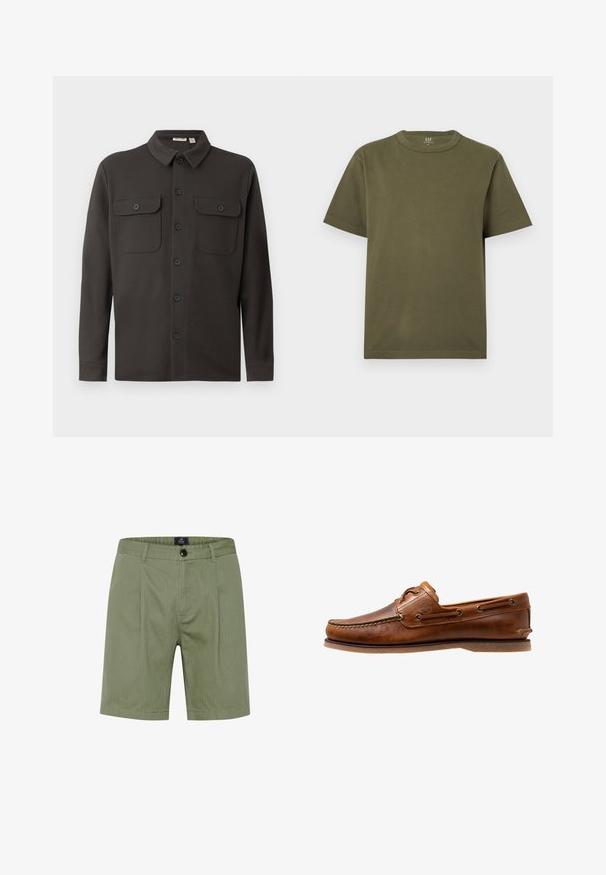 Camisa de botón gris oscuro, hecha de una tela suave, con cuello, dos bolsillos en el pecho y mangas largas con puños abotonados.; Camiseta de algodón de manga corta color verde oliva con cuello redondo, textura lisa y corte regular.; Pantalones cortos verde oliva con un diseño a medida, que presentan un cierre de botón, bolsillos frontales y sutiles rayas verticales en una tela suave y texturizada.; Zapato de barco de cuero marrón con acentos de costura, con ojales de metal, una costura elevada en la puntera y una suela de goma plana.