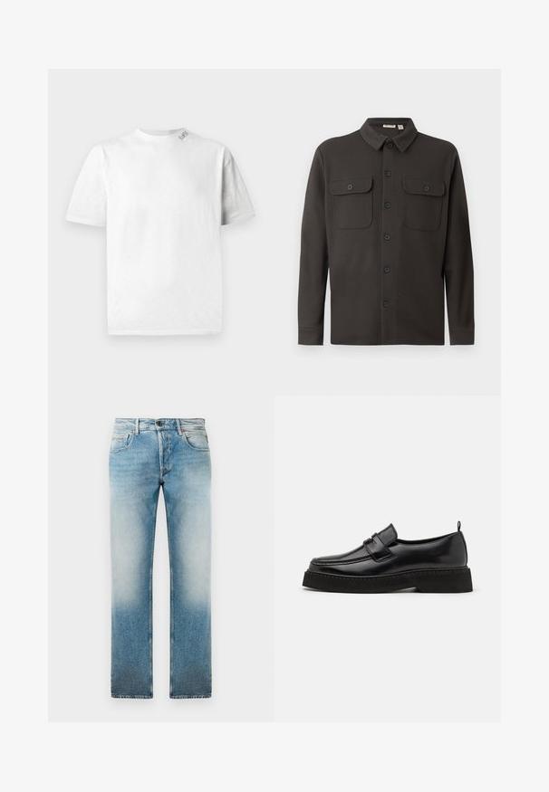 Donkergrijs overhemd met knopen, gemaakt van zachte stof, met een kraag, twee borstzakken en lange mouwen met knoopmanchetten.; Witte T-shirt met korte mouwen en ronde hals, met een subtiele textuur en een klein logodetaillering op de linkerschouder.; Lichtblauwe denim jeans met een rechte pijp, gekenmerkt door een vervaagde wassing, vijf zakken en een knoopsluiting bij de taille.; Zwarte leren instapschoenen in loafer-stijl, met een vlakke, gestructureerde zool, voorzien van een gestikte neus en een band over de wreef.