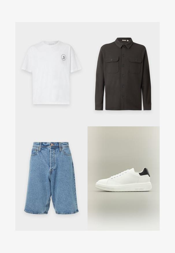 Mørkegrå skjorte med knaplukning lavet af blødt stof, der har en krave, to brystlommer og lange ærmer med knapmanchetter.; Hvid bomulds t-shirt med rund halsudskæring, korte ærmer og et cirkulært sort grafisk motiv med en karakter på venstre bryst.; Lysblå denimshorts med en falmet tekstur. Har en frontlukning med knap, bæltestropper og sidelommer. Kraftig syning som accent.; Hvid lav sneakers med tyk sål, snørelukning foran og sort hælstrop, mærket med "Steve Madden" på siden af sålen.