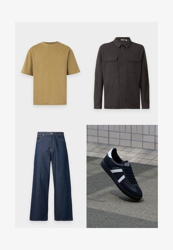 Donkergrijs overhemd met knopen, gemaakt van zachte stof, met een kraag, twee borstzakken en lange mouwen met knoopmanchetten.; Khaki korte mouw t-shirt, gemaakt van zachte katoen, met een ronde halslijn en een relaxte pasvorm. Soepele textuur zonder zichtbare patronen of accenten.; Wijde jeans gemaakt van donker denim met oranje stiksel, voorzien van vijf zakken, een knoopsluiting aan de voorkant en een rechte silhouet.; Zwarte leren sneaker met witte strepen, een gestructureerde rubberen zool en vetersluiting aan de voorkant. Voorzien van een merklabel op de tong.