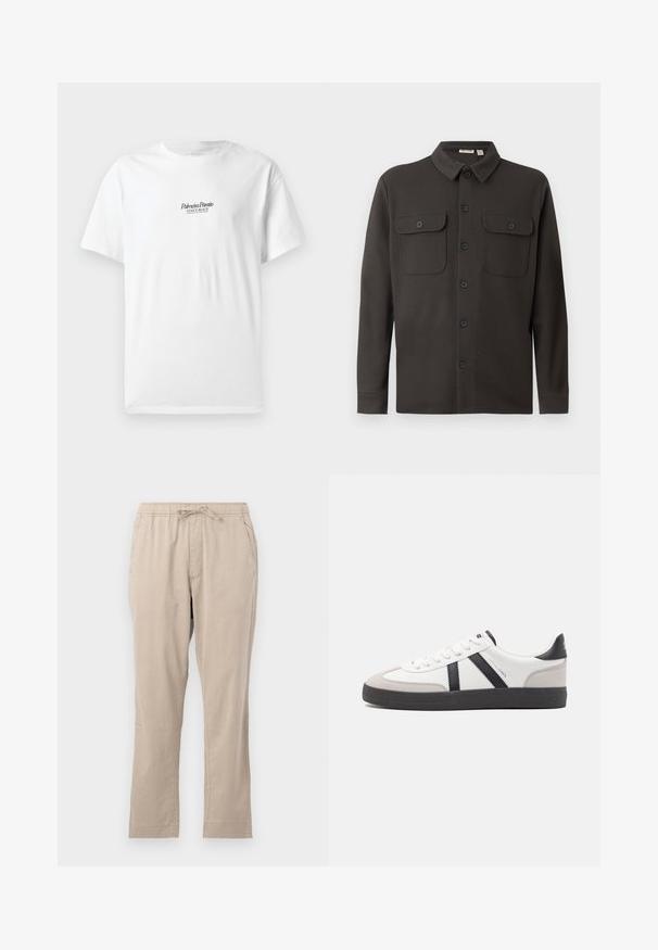 Donkergrijs overhemd met knopen, gemaakt van zachte stof, met een kraag, twee borstzakken en lange mouwen met knoopmanchetten.; Witte katoenen T-shirt met korte mouwen, voorzien van de tekst "Palmiera Pantó" en "VENICE BEACH" in zwarte letters op de voorkant.; Beige, lichte broek met een elastische tailleband, voorkruizen en trekkoord. Gladde textuur en recht model.; Witte sneaker met zwarte en grijze accenten, voorzien van een grijze neus met textuur, zwarte rubberen zool en platte witte veters. Schoon ontwerp, minimalistische stijl.