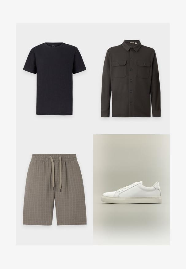 Donkergrijs overhemd met knopen, gemaakt van zachte stof, met een kraag, twee borstzakken en lange mouwen met knoopmanchetten.; Zwarte t-shirt van een zachte, lichtgewicht stof met een klassieke ronde halslijn en korte mouwen. Eenvoudig, effen ontwerp zonder patronen of accenten.; Bruine, gestructureerde shorts met een elastische tailleband en een verstelbare trekkoord; voorzien van een zachte, lichte stof en een geruit patroon.; Witte lage sneaker met veters aan de voorkant en dikke zool, zijaanzicht tegen een neutrale achtergrond.